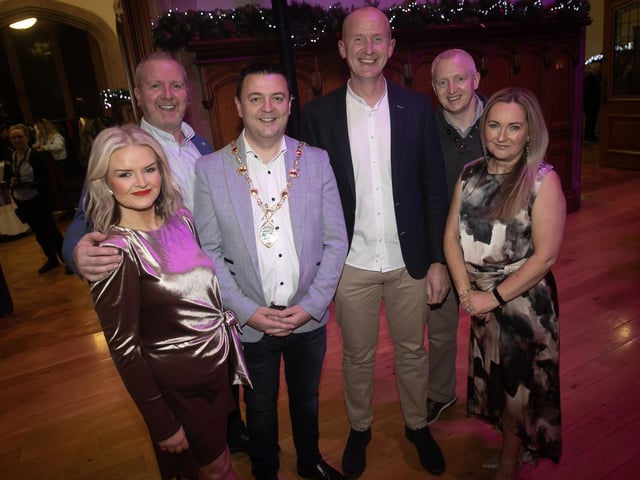 Mayor McHugh pictured with Catherine kerrigan, Eugene Kerrigan, Paul McGarvey, Dominic McCrory and Anita McGarvey at the Guildhall on Friday night. : Mayor's Charity Ball.