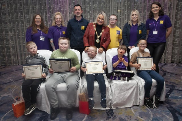 The Mayor of Derry City and Strabane District Council, Sandra Duffy pictured with the 4-7 year-old group members with their certificates at Tuesday night’s Foyle Down Syndrome Trust’s Night of Celebration at the Everglades Hotel, Derry. (Photos: Jim McCafferty Photography)