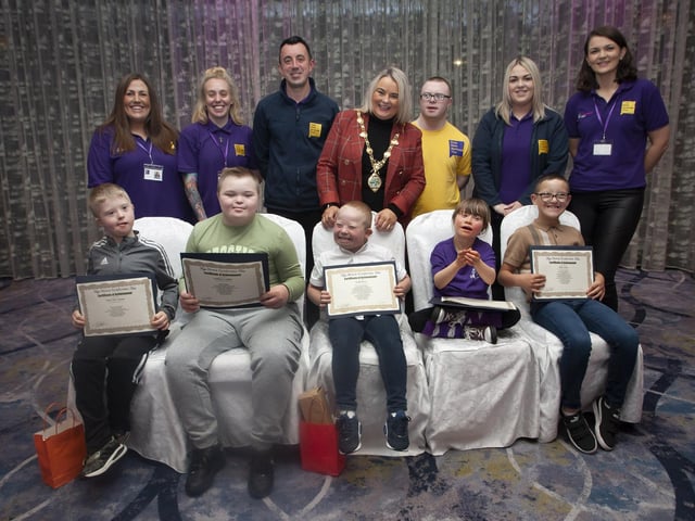 The Mayor of Derry City and Strabane District Council, Sandra Duffy pictured with the 4-7 year-old group members with their certificates at Tuesday night’s Foyle Down Syndrome Trust’s Night of Celebration at the Everglades Hotel, Derry. (Photos: Jim McCafferty Photography)