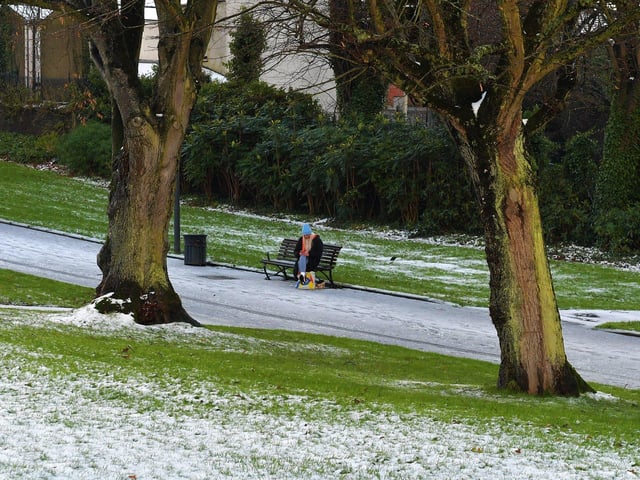 A light covering of snow in Brooke Park on Tuesday morning. Photo: George Sweeney