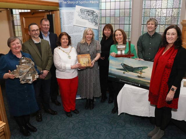 Mayor of Derry and Strabane, Councillor Patricia Logue, pictured with Philippa Charles, director of the Garfield Weston Foundation on a special visit to the city last week when she had the opportunity to visit the Guildhall and the Tower Museum. The Garfield Weston Foundation is one of a number of key funders of the new DNA (Derry~Londonderry on the North Atlantic) Museum project planned for Ebrington Square. Included on left are Margaret Edwards, Museum staff, Jonny McNee (aviation historian), Stephen Gillespie (DCSDC), and from right, Roisin Doherty, Ronan McConnell (both Museum staff), Aeidin McCarter (DCSDC), and Jenny O'Donnell (DCSDC). (Photo - Tom Heaney, nwpresspics)