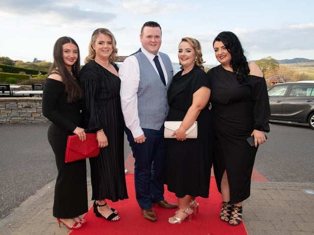 Nicole Donaghy, Joanne Tait, Enda McBride, Helen McLaughlin and Michaela Nelson McBride Chipvan at the Carndonagh Traders Association Business and Community Awards in Ballyliffen Lodge Hotel on Saturday night last. Photo Clive Wasson