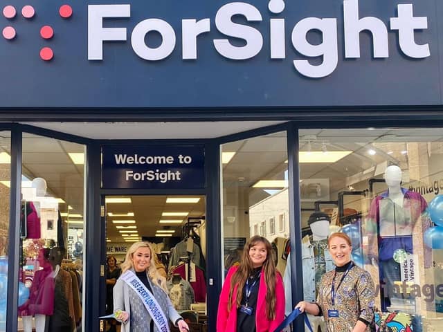 Amy Doherty, Miss Derry ; Niamh Livingston, ForSight Shop Manager; Danielle McDonagh, ForSight Area Manager officially opening the new Derry store.