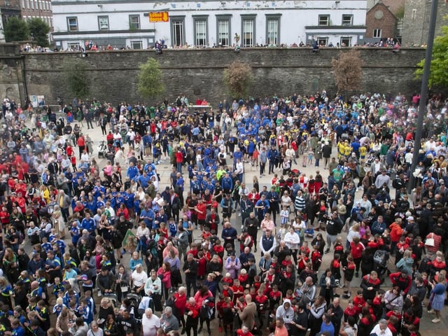 A sea of colour as the Foyle Cup Parade 2023 makes its way into Guildhall Square on Tuesday morning. (Photo: JIm McCafferty Photography)