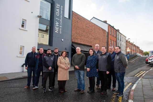 The Mayor, Patricia Logue, at the opening of the New Gate Arts & Culture Centre’s new centre, with members of the North West Cultural Partnership, and officials from Derry City and Strabane District Council and the Executive Office.