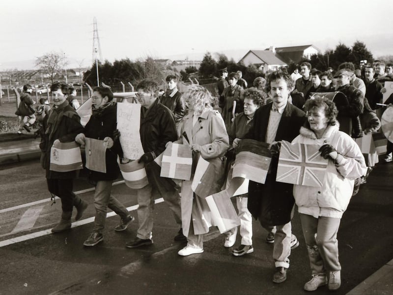 Protesters on Buncrana Road at a Faulty Towers cross-border protest over checkpoints and security force towers in 1993.