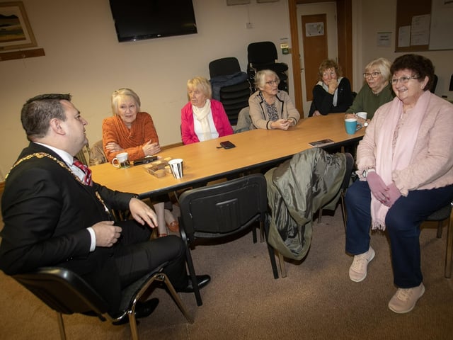 Mayor McHugh chatting with some of the ladies during Tuesday's visit. From left, Veronica Holmes, Rose O'Hagan, Anne McQuilkin, Rachel Collins, Joanna McGinley and Betty Beattie. : Mayor visits Rathmore 50+ Women's Club.