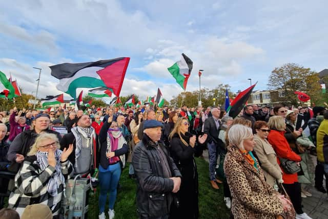 Crowds gathered at one of the several rallies held in Derry over recent months in solidarity with the people of Palestine.