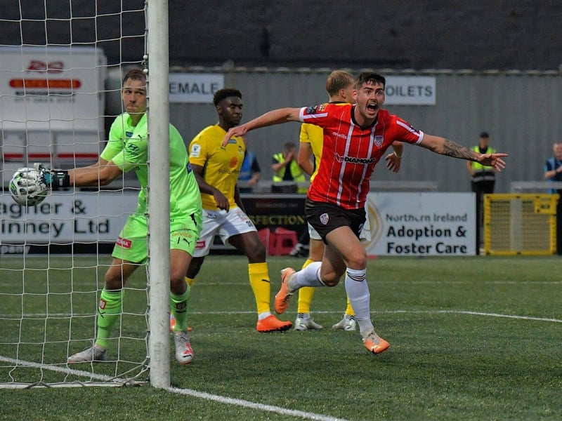 July 2023: Cian Kavanagh celebrates scoring Derry City’s second goal against KuPs FC in the Europa Conference League. Photo: George Sweeney.
