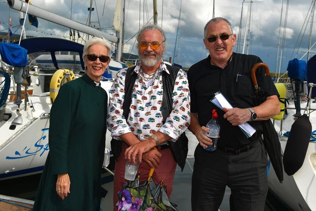 The Rev. Canon Judi McGaffin, Dr Dan McKenna and Fr. Paddy Baker pictured during the blessing of the boats at the Fahan Marina on Sunday afternoon.  Photo: George Sweeney. DER2326GS - 14