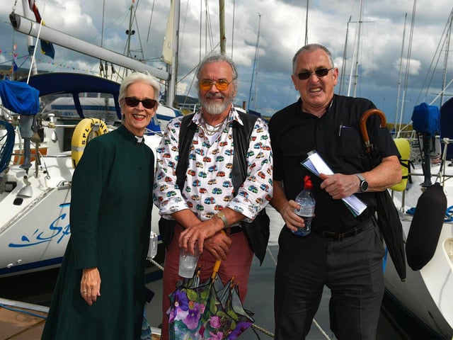 The Rev. Canon Judi McGaffin, Dr Dan McKenna and Fr. Paddy Baker pictured during the blessing of the boats at the Fahan Marina on Sunday afternoon. Photo: George Sweeney. DER2326GS - 14