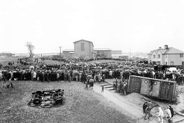 Crowds gathered outside St Mary's Church, Creggan, February 1972 for Bloody Sunday funerals.