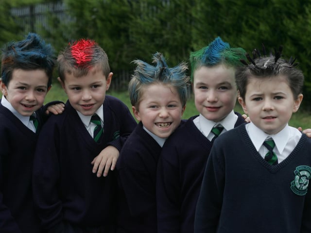Liam McGurk, Cillean Macari, Daniel Cosgrove, Jonathan Friel and Charlie Douglas. (1801C08b) : St Patrick's Primary School's Bad Hair Day from 2005.