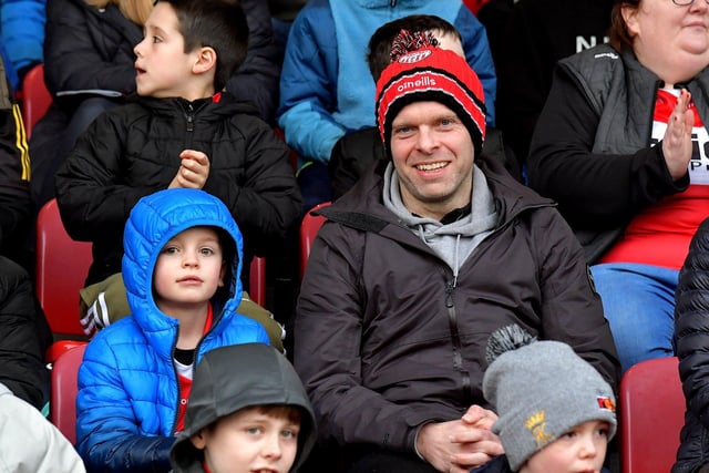 Derry fans Jack and David Bryson pictured at the Derry v Meath Allianz Football League game at Owenbeg on Saturday. Photo: George Sweeney. DER2308GS – 30