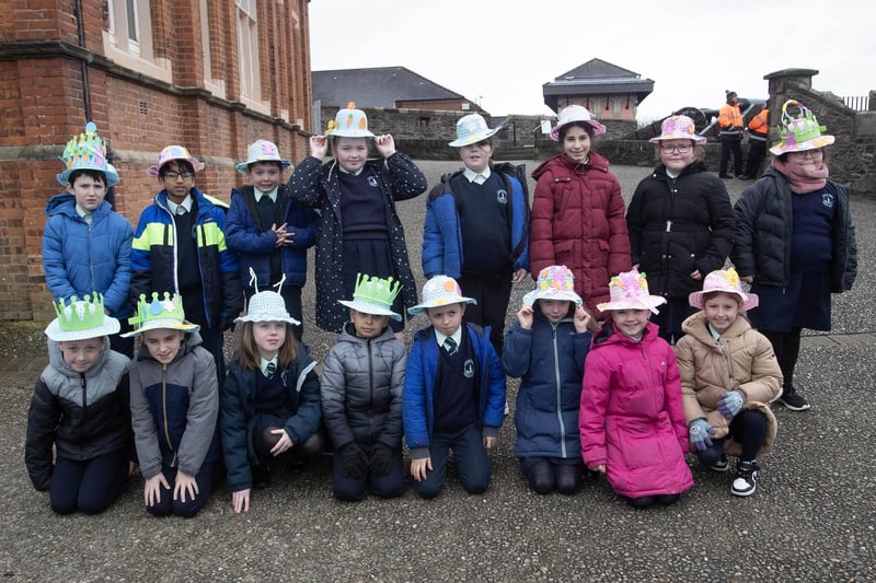 Long Tower PS primary fives get ready for the off at the Feile Derry's Easter Bonnet Parade down the City's Walls and into Guildhall Square on Wednesday morning.