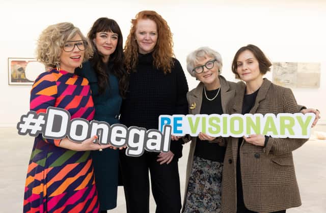 (From Left) Designer Sonya Lennon, Grace Korbel, Assistant Head of Enterprise, Paula Hughes, Creative Fashion Consultant, Deirdre McQuillan, Fashion Editor for The Irish Times, and Aisling Farinella, Stylist & Creative Consultant, attend the official launch of the Yarns seminar in the Regional Cultural Centre in Letterkenny.
Picture By Joe Dunne 19/11/22:.