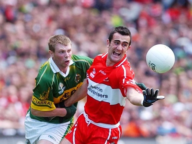 Derry defender James Donaghy wins possession in Croke Park.