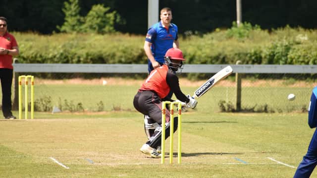 This delivery is guided to the boundary by Strabane's Vadivel Moorthy during Saturday clash with new Long's Senior League leaders, Clooney.