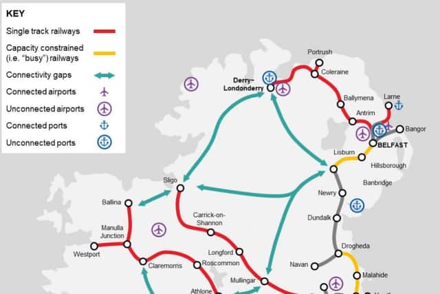 Connectivity gaps and constraints identified in Arup's draft All-Island Strategic Rail Review