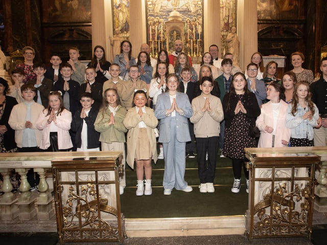 Pupils from Nazareth House Primary School who received the Sacrament of Confirmation from Fr. Chris McDermott at Long Tower Church on Thursday evening last. Included are Fr. Gerard Mongan and Fr. Stephen Ward. On left, Mrs Julia Cooke and Ms Joanne Dixon. On right Mr Adam Doherty (student teacher), Mrs Emma Courtney and Ms Maureen Clark and Mrs. Roisin Blackery, Principal. (Photos: Jim McCafferty Photography)