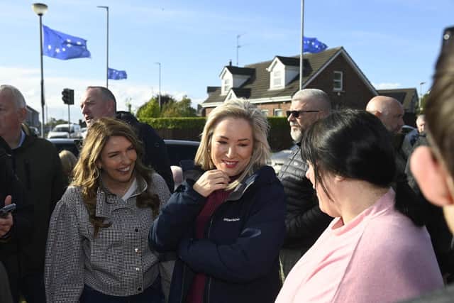 First Minister Michelle O'Neill meets with locals on the Garvaghy Road. Picture date: Wednesday September 30, 2026. PA Photo. The planned Orange Order parade on Sunday was stopped by police, who were concerned about the scale of a mass protest on part of the proposed route - the predominantly nationalist Garvaghy Road. Photo credit should read: Mark Marlow/PA Wire