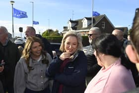 First Minister Michelle O'Neill meets with locals on the Garvaghy Road. Picture date: Wednesday September 30, 2026. PA Photo. The planned Orange Order parade on Sunday was stopped by police, who were concerned about the scale of a mass protest on part of the proposed route - the predominantly nationalist Garvaghy Road. Photo credit should read: Mark Marlow/PA Wire