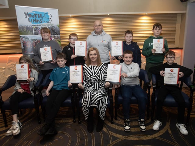 Alderman Janice Montgomery and Noel O'Donnell presenting the 'Save Your Mate' awards at Wednesday evening's Enagh Youth Forum's Certificate Presentation and Celebration Event at the White Horse Hotel, Derry.