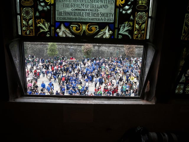 A view of the gathering crowds from inside the Guildhall.