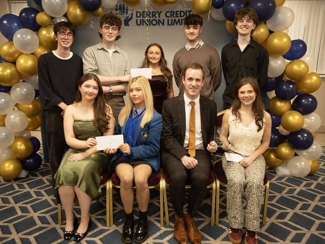 Derry Credit Union's Annual Young People's Awards 2025 winners receiving their prizes at the Waterfoot Hotel on Monday evening last from Owen McColgan, Keynote Speaker, and Youth Committee members Sarah Lindsay and Lauren McBrearty. (Photos: Jim McCafferty Photography)