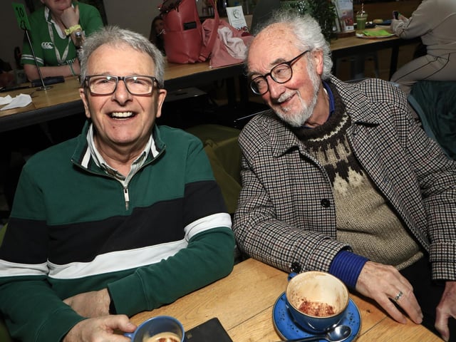 Charle McMonagle and Jim Craig enjoying a coffee at the St Patrick’s Family Day held in An Cultúrlann.   (Photo - Tom Heaney, nwpresspics)