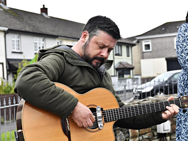 Ramon Ferguson performs at the Creggan Republican Monument during a commemoration on Easter Sunday afternoon. Photo: George Sweeney