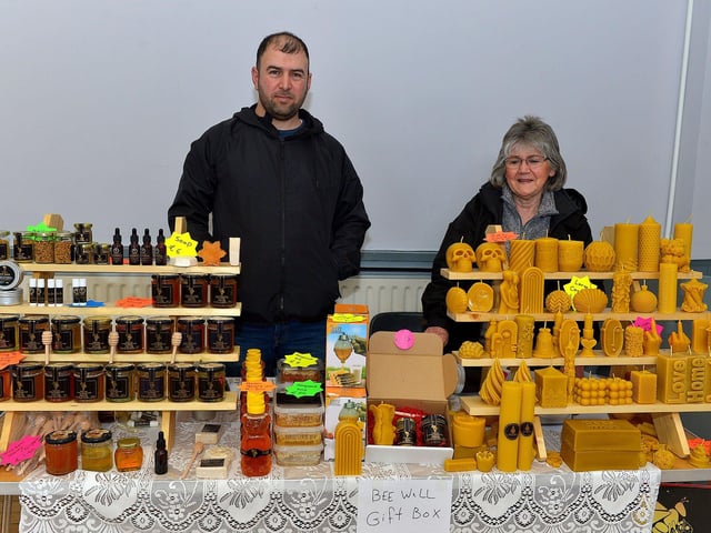 Abbul and Jenny pictured at their Donagh Bees stall at the Spring Craft Fair held in St Mary’s Hall Muff on Sunday last. Photo: George Sweeney. DER2310GS – 005