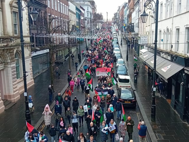Thousands participate in Derry rally for Palestine calling for a ceasefire in Gaza on January 13, 2024
