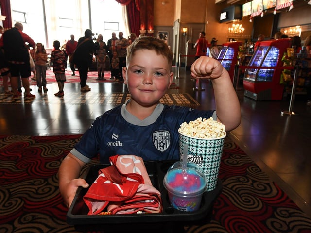 Derry City fan Braelin Diver pictured at the Brunswick Moviebowl  ahead of the live screening of the candystripes’ Europe Conference League away to FCB Magpies on Thursday evening. Photo: George Sweeney