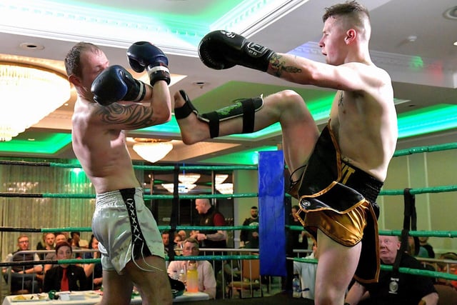 Rathmor Warrior’s Conal McBrearty (right) defeated CJ Silcock, Fightclub NI, to win the All Ireland 66kg K1 Title, on Saturday evening last, in the Everglades Hotel. Photo: George Sweeney. DER2312GS – 78