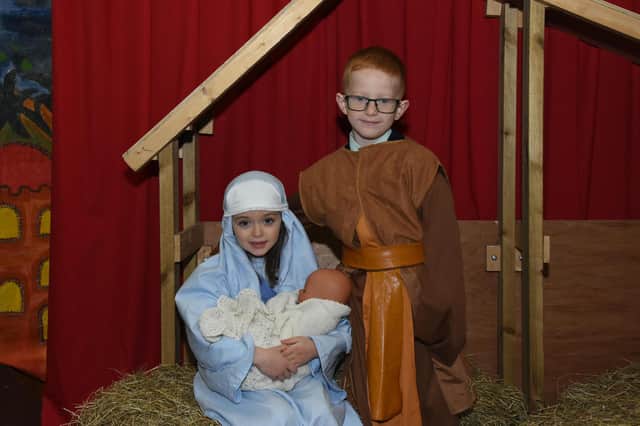 Mary, played by Hannah Wade and Joseph, played by Jake Robinson  during the Long Tower PS Nativity on Monday.

