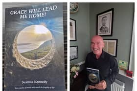 Seamus pictured in front of his great-grandfather's portrait with the book 'Grace Will Lead Me Home.'