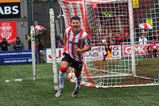 Derry City striker Danny Mullen celebrates scoring against St Pat's in the FAI Cup second round.