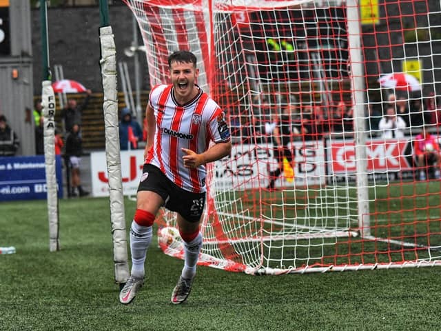 Derry City striker Danny Mullen celebrates scoring against St Pat's in the FAI Cup second round.