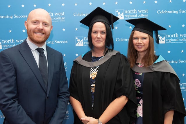 Katy Doherty and Sonia Brennan from Greencastle pictured with Barra Best at NWRC's Higher Education Graduation ceremony.