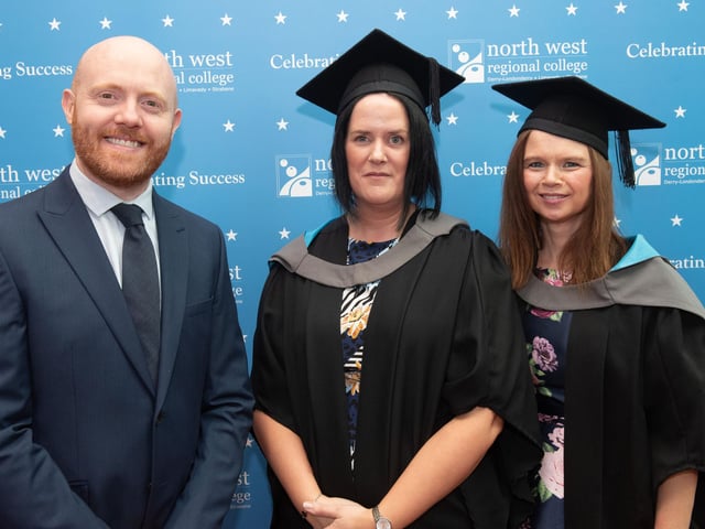 Katy Doherty and Sonia Brennan from Greencastle pictured with Barra Best at NWRC's Higher Education Graduation ceremony.
