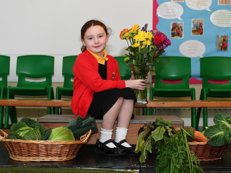 Ballougry Primary School pupil Farrah (P5) pictured at the Harvest Assembly and Food Bank held in the school on Wednesday morning. Photo: George Sweeney
