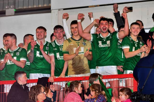 Newbridge players celebrate their Senior Football Championship win over Glen at Celtic Park. Photo: George Sweeney