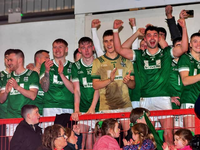 Newbridge players celebrate their Senior Football Championship win over Glen at Celtic Park. Photo: George Sweeney
