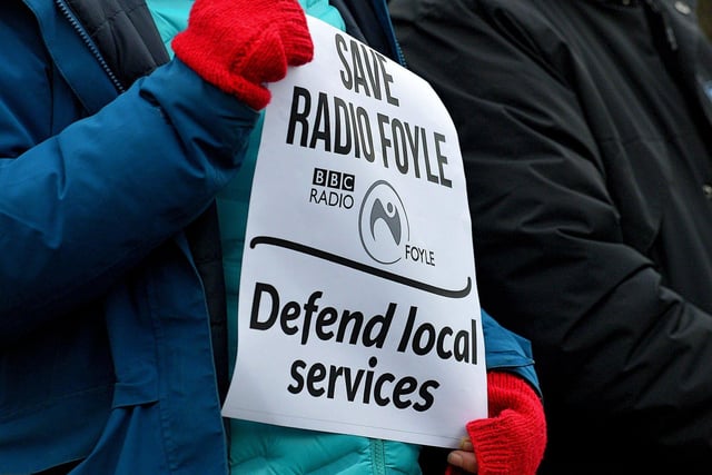 One of the posters carried at a protest outside BBC Radio Foyle, on Northland Avenue, on Wednesday afternoon against proposed cuts to jobs and services by BBC Northern Ireland as part of a cost-cutting and restructuring project. Photo: George Sweeney. DER2248GS – 42