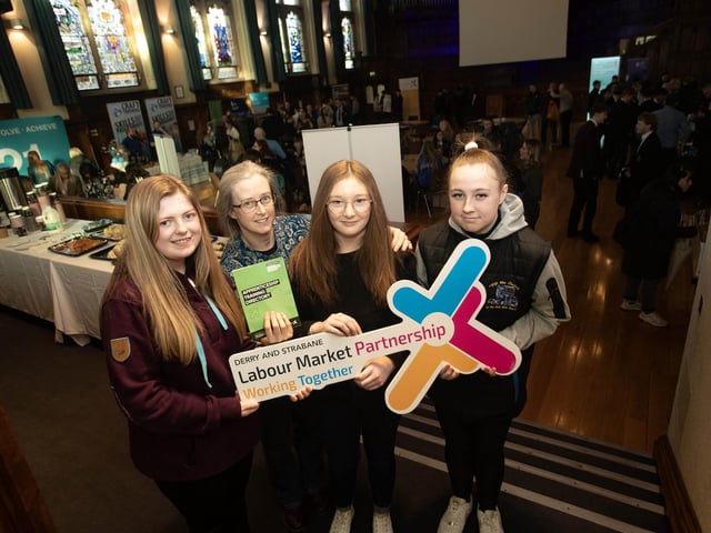 Students from Holy Cross College, Strabane pictured at the Apprenticeship Fair at the Guildhall on Thursday morning with Emma Quinn, Project Officer, Labour Market Partnership, DCSDC.