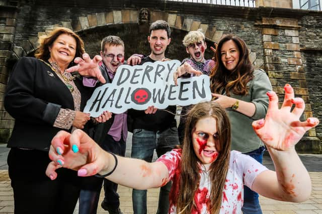 The Mayor of Derry and Strabane, Councillor Patricia Logue, was joined by a few of the ‘delegates’ lined up for this year’s Global Zombie Studies Symposium for the launch of Derry Halloween, which will take place this year from October 28th – 31st. Included are Dr Victoria McCollum and Dr Conor Heffernan from Ulster University. The event will be hosted during this year’s Halloween celebrations.