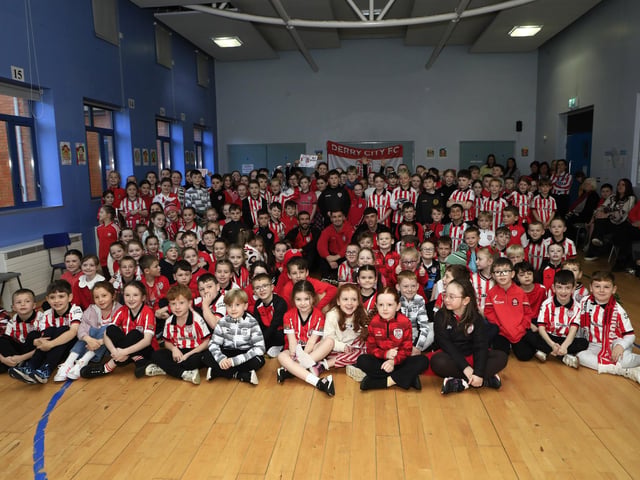 Derry City FC players players Michael Duffy, Brian Maher and Conal McDermott pre-Cup final visit St. Patrick’s PS, Pennyburn,  (Photo - Tom Heaney, nwpresspics)