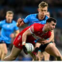 Diarmuid Baker takes on Dublin's Tom Lahiff during the Division 1 clash in Croke Park in February. Photo by Daire Brennan/Sportsfile