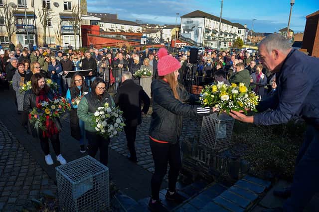 2023: Relatives lay wreaths during the Annual Bloody Sunday Remembrance Service held at the monument in Rossville Street.  Photo: George Sweeney. DER2306GS – 17